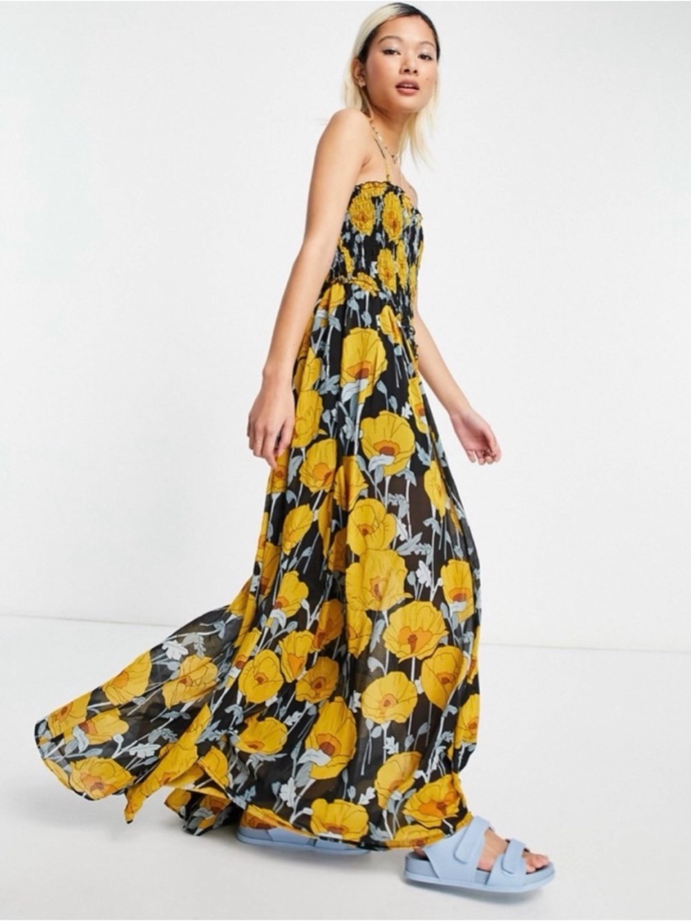 Free People Black Maxi Dress with Yellow Floral Print